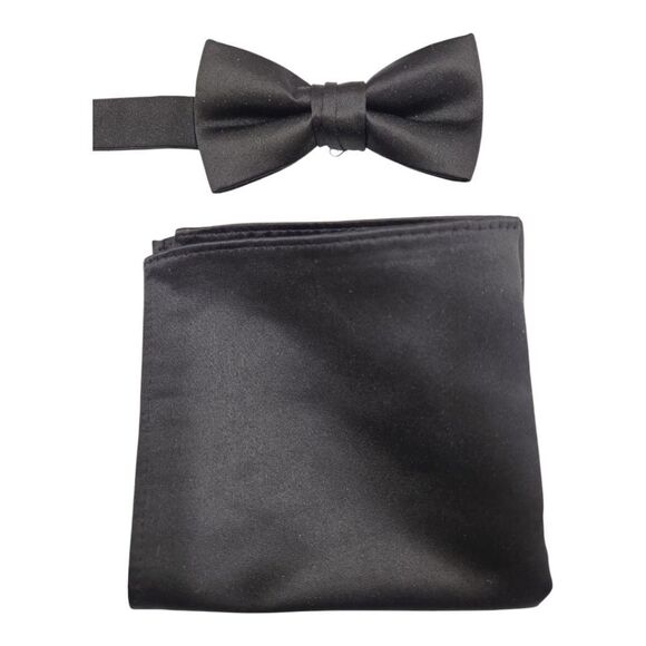 BOYS LARR BRIO SATIN BLACK BOW TIE AND POCKET SQUARE SET. - Picture 2 of 3